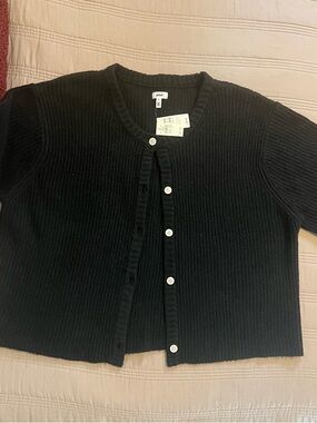 aerie Black Ribbed Extra Soft Button-Front Cardigan Short Sleeve Cozy Casual